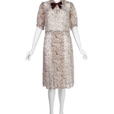 Vintage Late 1930s / Early 1940s Brown White Floral Sheer Silk Chiffon Dress