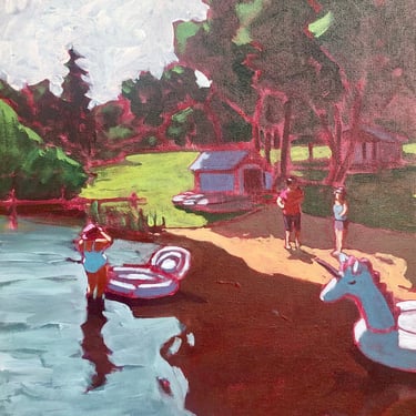Family at Lake #2 - Original Acrylic Painting on Canvas 18 x 24, summer, michael van, float, waves, reflection, lake, large, people, shadows 