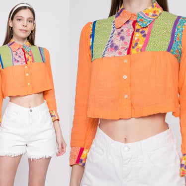 70s Boho Orange Patchwork Gauzy Crop Top - XXS | Vintage Made In India Button Up Collared Cropped Hippie Blouse 
