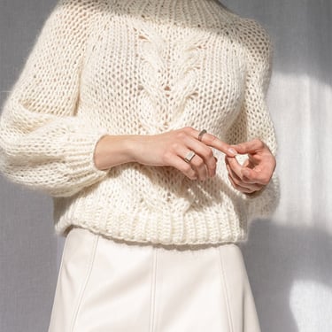 Chunky Braid Sweater in Cloud — Hand Knit Mohair Cropped Pullover, Luxurious Oversized Cable Knit Sweater, Soft Bridal Sweater 