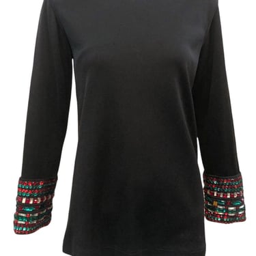 YSL Saint Laurent Rive Gauche 80s Black Tunic with Red &amp; Green Faux Gems