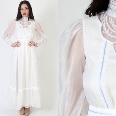 Candi Jones Of California Prairiecore Dress / Matching Waist Tie Belt / 70s Long Cottagecore Designer Bridal Gown 