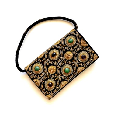 Vintage Zardozi Metallic Embroidery Velvet Handbag Hippie Black Gold Rock n Roll Glam Purse Bag 