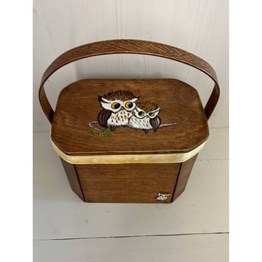 1960s-70s Vintage Antique Wooden Owl Mommy & Baby Box Purse 