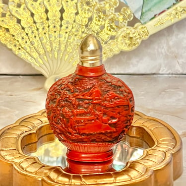 Vintage Perfume Bottle, Asian Decor, Faux Cinnabar, Carved, Hong Kong, Mid Century 