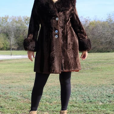 60s Coat, Vintage Penny Lane, Medium Large Women, Brown Faux Fur fabric, Brown Faux Shearling Trim 