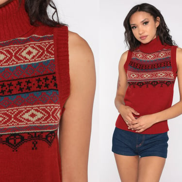 Fair Isle Sweater Vest Top 70s Striped Turtleneck Sweater Vest Boho Red Knit Sleeveless Hippie Nordic Vest Christmas Vintage Small S 