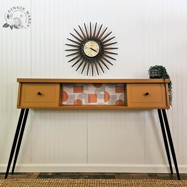 Mid Century Console Table | Upcycled 1950s Broyhill Headboard | Sliding Doors | Retro Papered Back | Read Listing for Shipping Info 