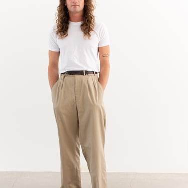 Vintage 34 Waist Khaki Tan Pleated Trousers | Unisex  High Waist Workwear Pants | KP02 