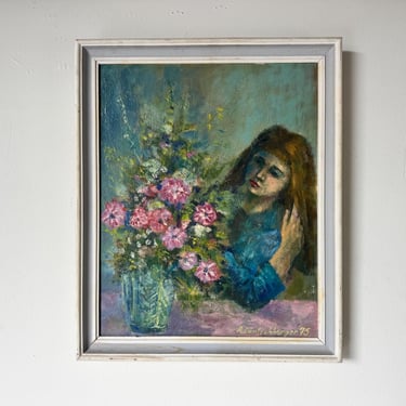 1975 Vintage Figurative Still Life with Flowers and Woman Oil Painting, Signed 