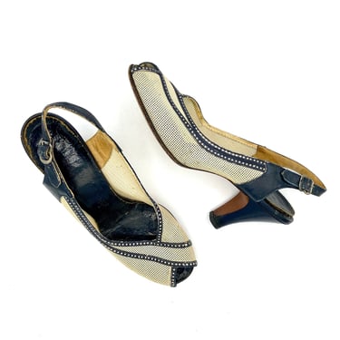 Vintage 1950s Ivory Mesh Navy Leather Shoes, 50s Peep Toe Slingback Heels, US Size 7 