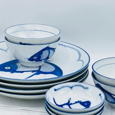 12 PC Blue & White Porcelain Koi Fish Set 9