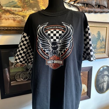 Vintage 1990s Harley Davidson Racing T-Shirt XL Checkered Sleeves 