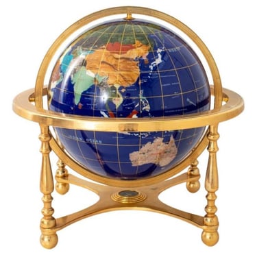 Post Modern Lapis & Gemstone Revolving World Globe on Solid Brass Stand