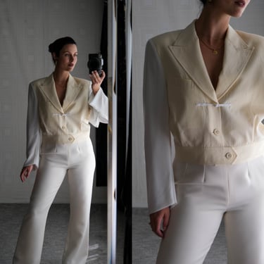 Vintage 80s COMME des GARCONS Cream Wool Cropped Blazer w/ Sheer Silk Vented Sleeves | Made in Japan | 1980s Designer Avant Garde Jacket 