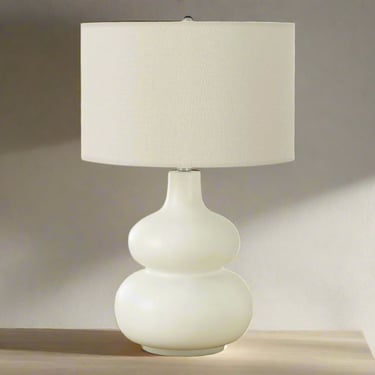 HomeRoots 25" Cream Ceramic Gourd Table Lamp w Cream Drum Shade FFE258-292