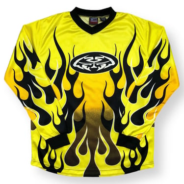 Vintage 90s/Y2K MTX Motocross All Over Print Yellow Flames Long Sleeve Racing Jersey Size Medium/Large 