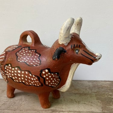 Vintage Folk Art Bull Bank, 80's Guatemalan Street Art, Ranch Farmhouse Art, Stylized Pottery, Cattle, Bovine Art, Primitive 