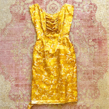 AS-IS *** Vintage 1960s 60s Silk Yellow Floral Printed Sheath Wiggle Ruched Formal Cocktail Party Dress (small) 