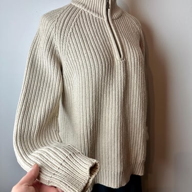 90’s Ralph Lauren ribbed 100% cotton pullover sweater~ zipper mock turtleneck ~ beige off white~ classic preppy style Size Med 