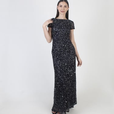 Adrianna Papell Gown, Long Y2K Prom Dress, Navy Blue Sequin, Floor Length Maxi, High Low Hem 