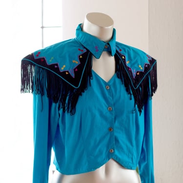 Vintage Western Shirt - Rode Queen - Cowgirl - 1980s, 1990s - Fringe, Cutout, Geometric, Embroidered, Colorful Cropped Top 