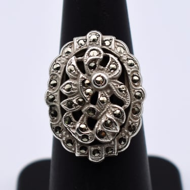 30's Art Deco cast sterling marcasite size 6.5 flower ring, ornate satin 925 silver pyrite oval ring 