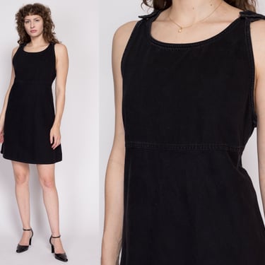 Large 90s Black Mini Pinafore Dress | Vintage Liz Claiborne Grunge Sleeveless Lightweight Denim Dress 