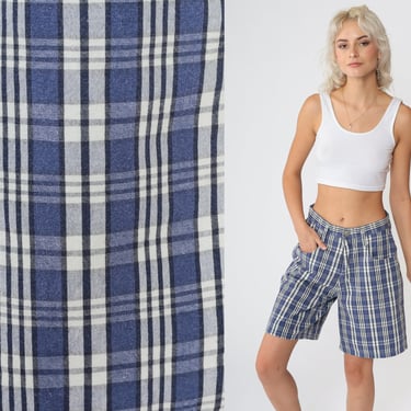 90s Checkered Shorts Blue Trouser Shorts High Waisted Rise Bermuda Shorts Knee Length Plaid Retro Grunge Vintage 1990s Small S 28 7 