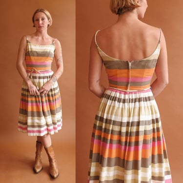 Vintage 50s Striped Cotton Sun Dress/ 1950s Wide Stripe Spaghetti Strap Dress/ Size XS 