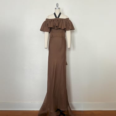 1990s Brown and Black Evening Gown, Extra Small to Small | 90s Vintage Off the Shoulder Slim Fitting Dress w/ Train Dress (XS, S, 33-27-38) 