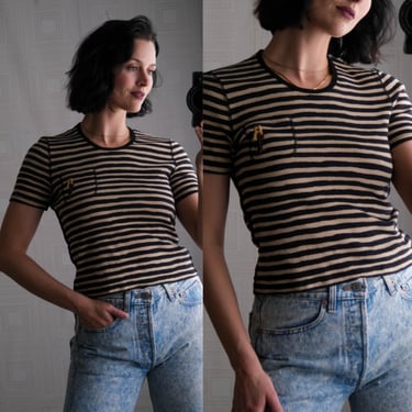 Vintage 80s SONIA RYKIEL Black & Cream Striped Cotton Cropped Tee w/ Embroidered Pocket | Made in France | 1980s Designer Cropped T-Shirt 