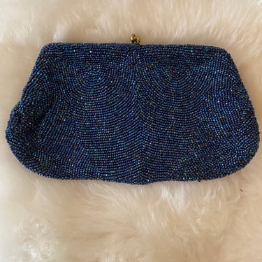 1950s beaded clutch bag, iridescent navy blue glass beads, walborg, evening bag, formal purse, 