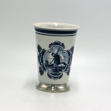vintage Norelco ceramic tumbler with silver metal base made in Holland 1976 Delft hand painted 