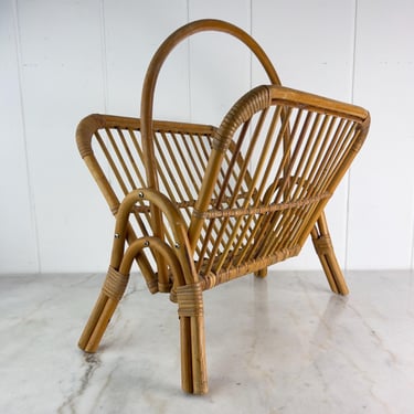 Vintage Rattan Bent Bamboo Magazine Rack, Blanket Storage, Storage Rack, Mid Century, Franco Albini Italian style home decor, organization 