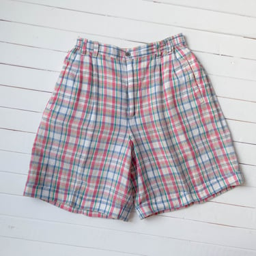 high waisted shorts | 80s 90s vintage red green blue white plaid cotton elastic waist pleated shorts 