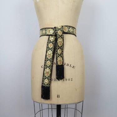 Vintage 1960s belt jacquard loom ribbon floral sash tassel metallic victorian 