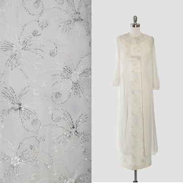 Vintage 60s silver lurex firework silk shift dress + sheer silk duster 