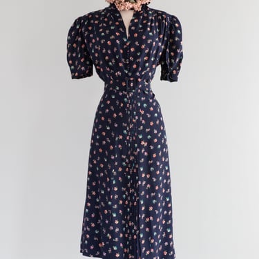 Beautiful 1940's Rayon Floral Print Day Dress With Matching Hat / ML