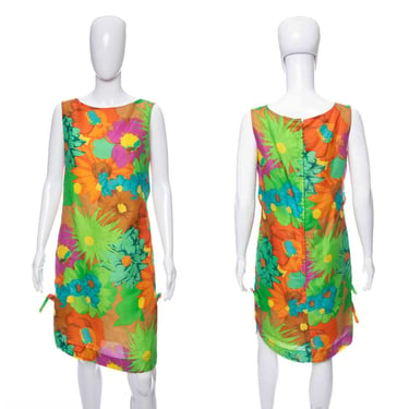 1970's Andrade Green and Multicolor Floral Print Tiki Dress Size L