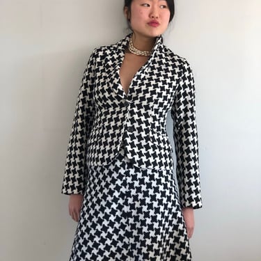 90s houndstooth skirt suit / vintage black white houndstooth cropped nipped waist blazer + A line skirt / couture skirt suit | S 