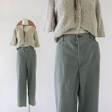 worrrn basil trousers - 30 - vintage womens 90s y2k green cotton twill casual faded pants high waist waisted flat front size 8 