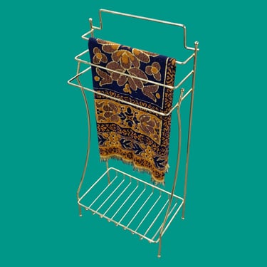 Vintage Standing Towel Rack Retro 1970s Mid Century Modern + Gold Metal Frame + 4 Hang Bars + Lower Basket + Bathroom Storage + Organization 