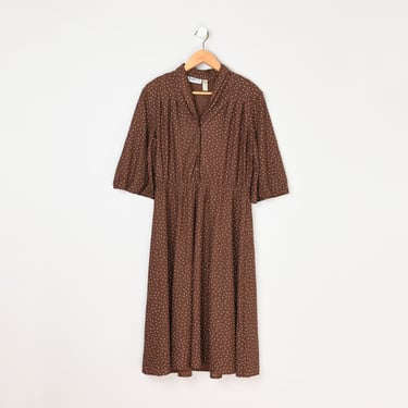 Vintage 70s Dotted Shirt Dress - seventies clothing, brown, midi, collared, prairie, bohemian - Women's L 