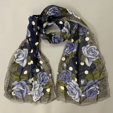 HALSTON Blue Green White Polka Dot Floral Roses Silk Scarf