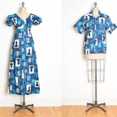 vintage 60s honeymoon set matching dress shirt Hawaiian print Hukilau blue XS M bark cloth outfit clothing 