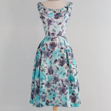 Elegant 1950's Aquamarine & Charcoal Silk Rose Print Cocktail Dress / M