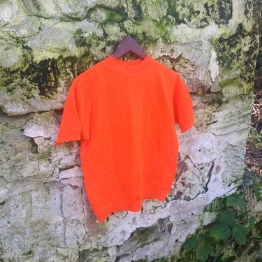 Vintage 1970's Blaze Orange Short Sleeve Creslan Sweatshirt / XS to S / Athletic Crewneck 