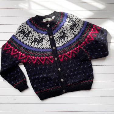 Fair Isle sweater 90s vintage Northern Isles reindeer black mohair cardigan 