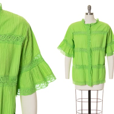 Vintage 1960s 1970s Swimsuit Coverup | 60s 70s Mexican Pintuck Cotton Lime Green Crochet Lace Bell Sleeve Button Up Shirt Cover Up (s/m) 